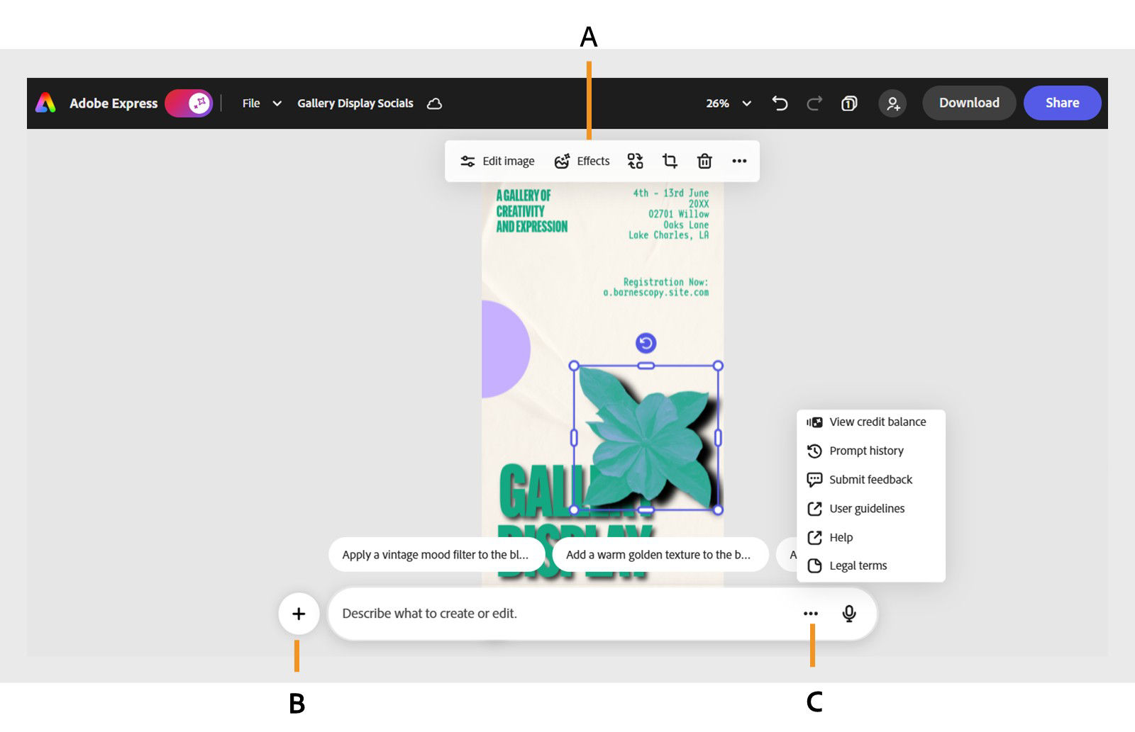 AI Assistant interface showing a Gallery Display socials design with a highlighted object and labeled interface elements: A – Context bar, B – Add to canvas, C – More options menu.
