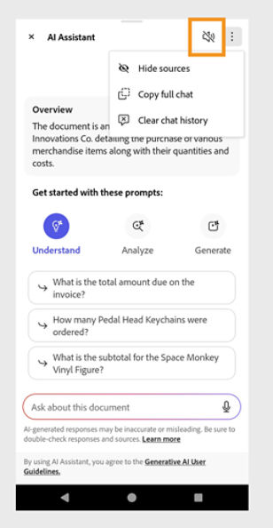 Options menu appears on the upper-right corner of the AI Assistant panel. 