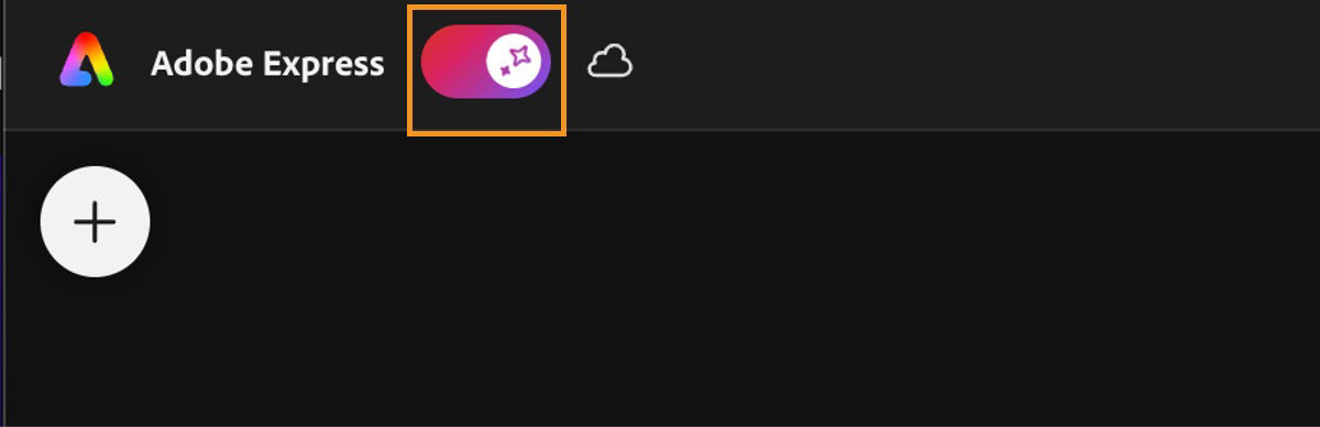 Adobe Express top bar with the AI Assistant toggle highlighted. The toggle is on and shows a sparkle icon.