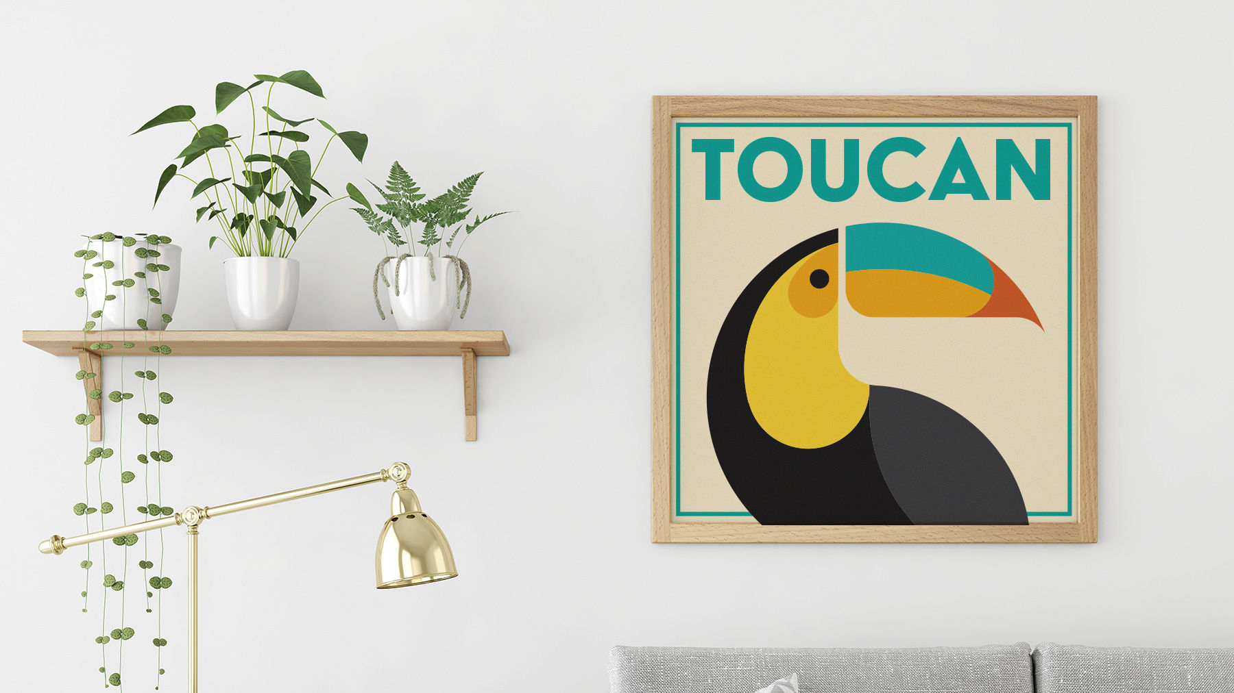 Framed toucan print hangs on light gray wall next to wooden hanging shelf with three plants