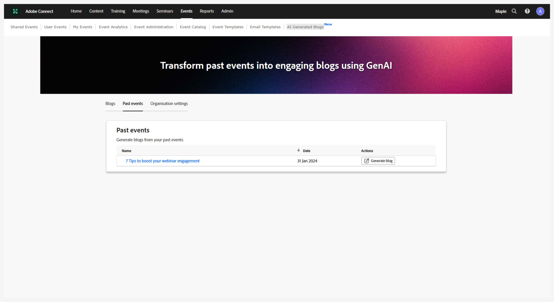 AI Generated Blogs hub within the Events module