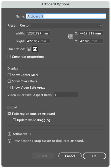 Artboard Options dialog