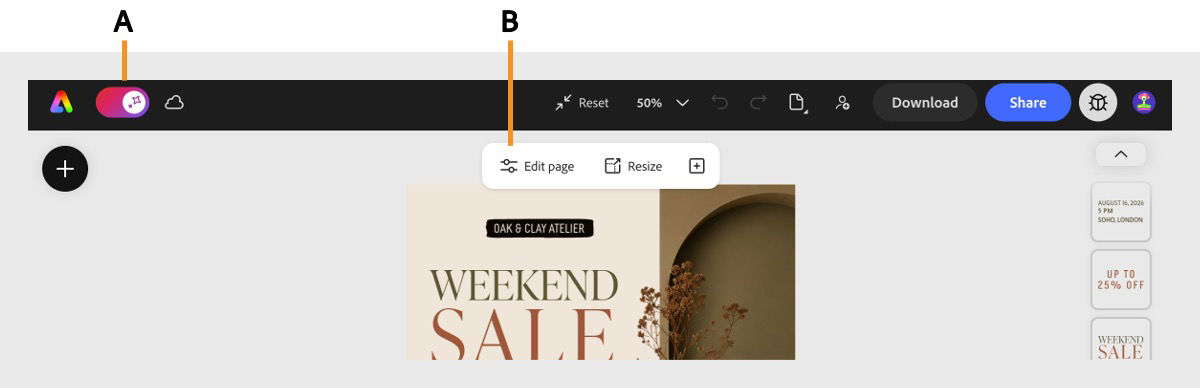 A generated design of a flyer open in the Adobe Express AI Assistant editor with the AI Assistant toggle button on the top bar labeled as A and teh contextual menu to make manual editing labeled as B.