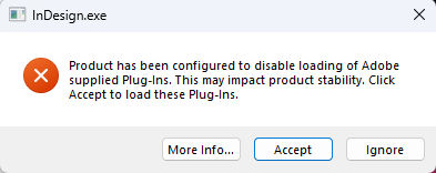 Affichage du message qui demande d’accepter ou d’ignorer les plug-ins fournis par Adobe.