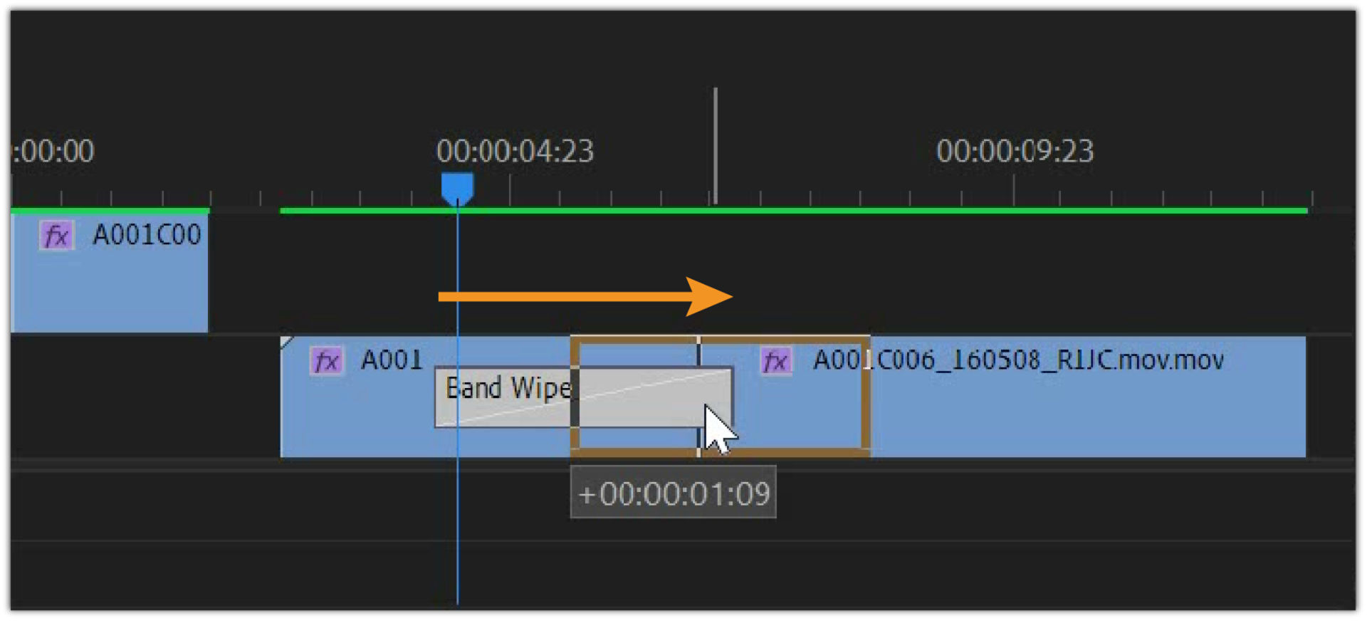 Dragging the transition in the Timeline panel to reposition it