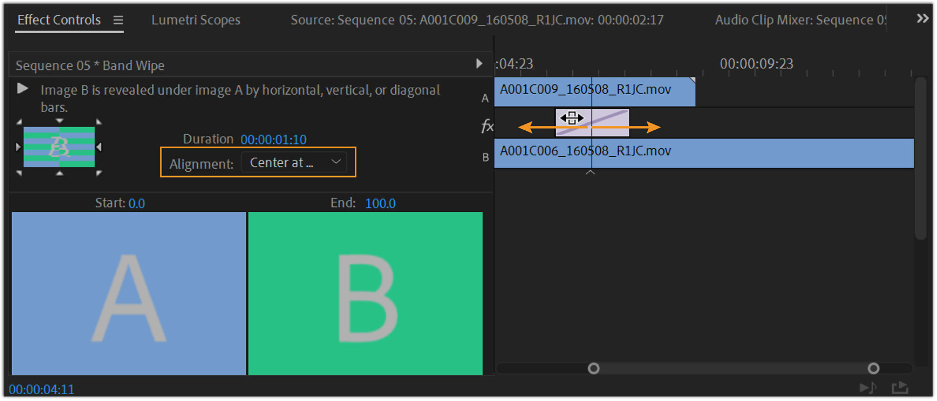 Align a transition using the Effect Controls panel