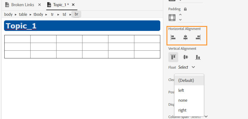 Table alignment options