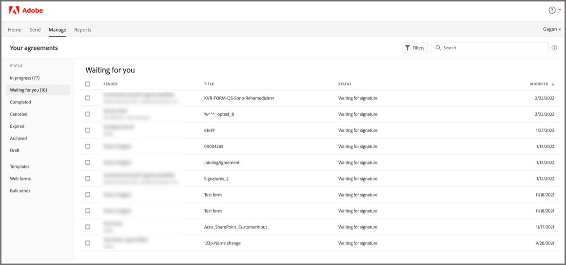 Track agreements sent for signature