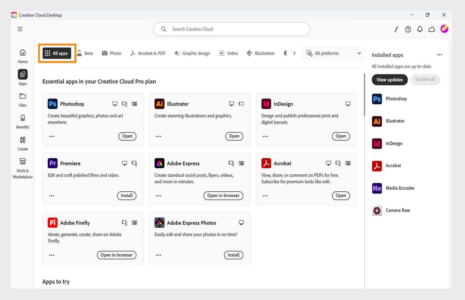 The All apps tab showing all Creative Cloud apps with the three dots button for each app. 