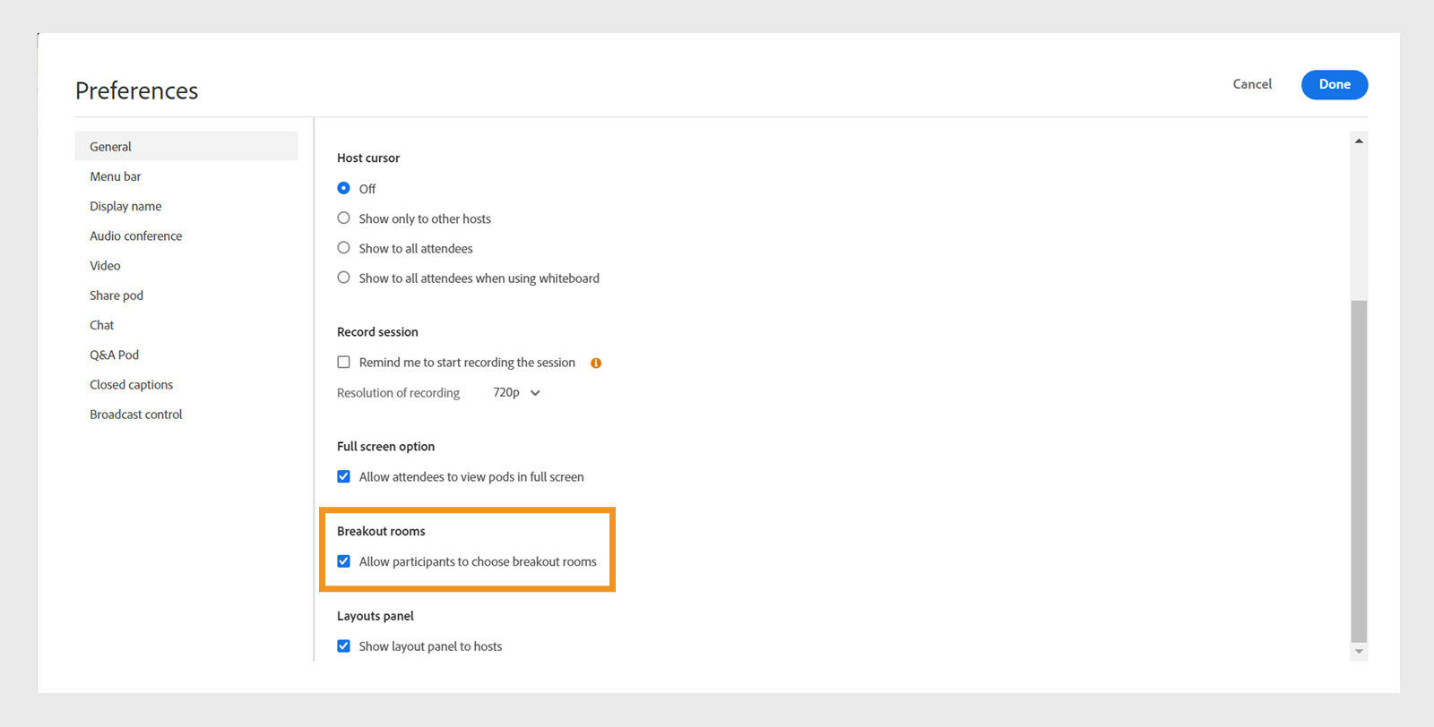 Allow participants to choose breakout rooms from Preferences