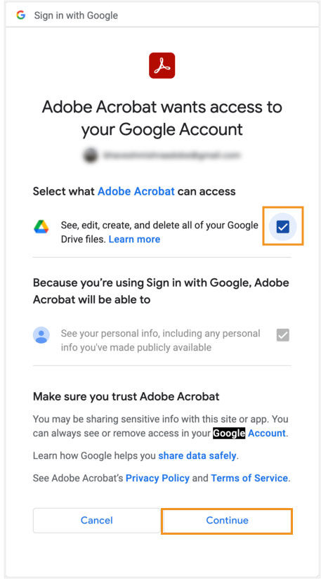 Sign in with Google window is shown. Select what information can Adobe Acrobat can access in your Google Account. 