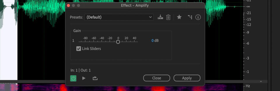 The Amplify effect dialog box is open and there are Gain and Link Sliders options to adjust.