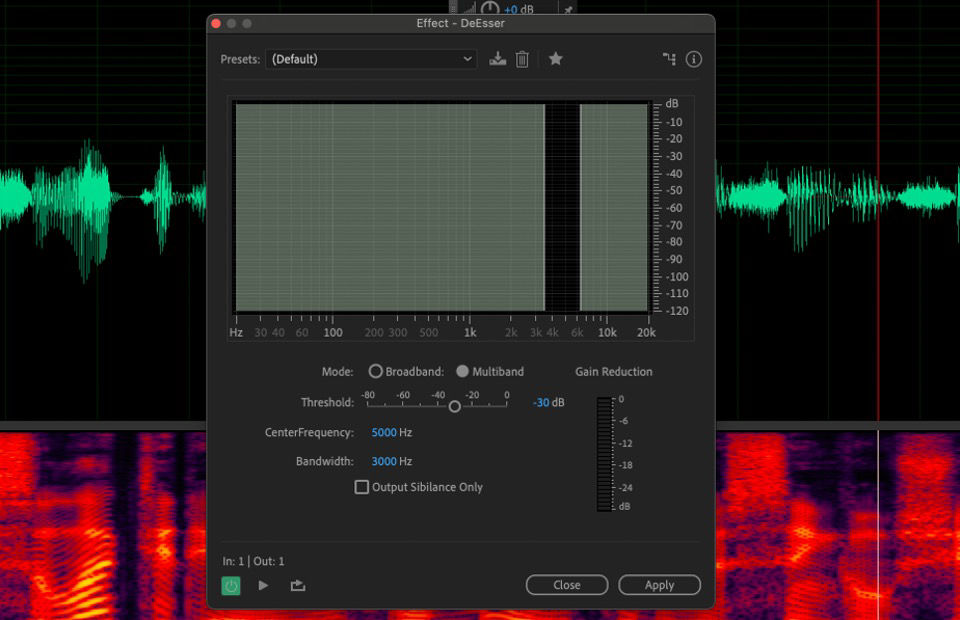 The DeEsser effect dialog box is open, with settings such as Threshold, Bandwidth, and Center Frequency available for adjustment.