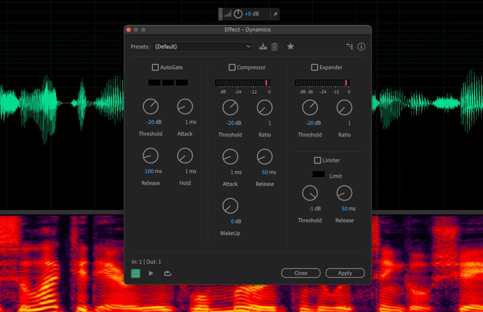 The Dynamic effect dialog box is open, and it has sections such as Auto Gate, Compressor, and Expander for adjustment.