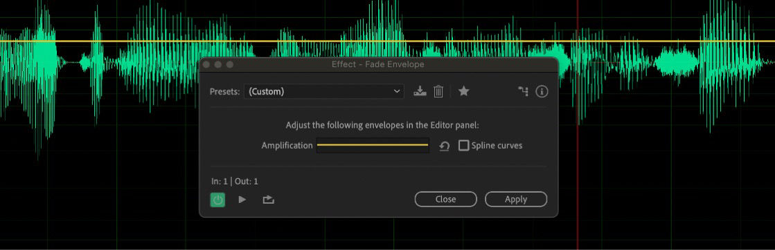 The Fade Envelope effect dialog box is open, and the settings are available to reduce amplitude by varying amounts over time.