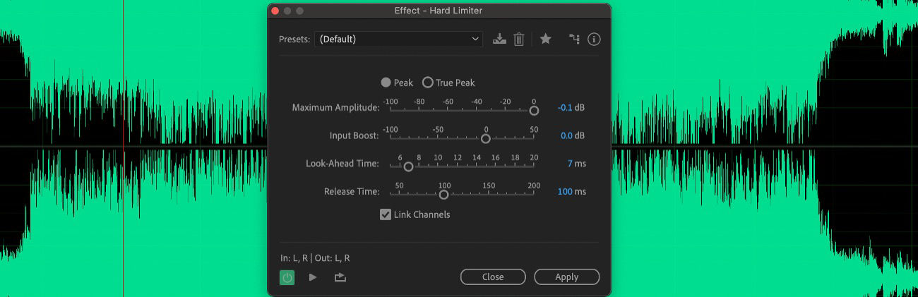 The Hard Limiter effect dialog box is open, offering options such as Maximum Amplitude, Input Boost, and Release Time for adjustment.