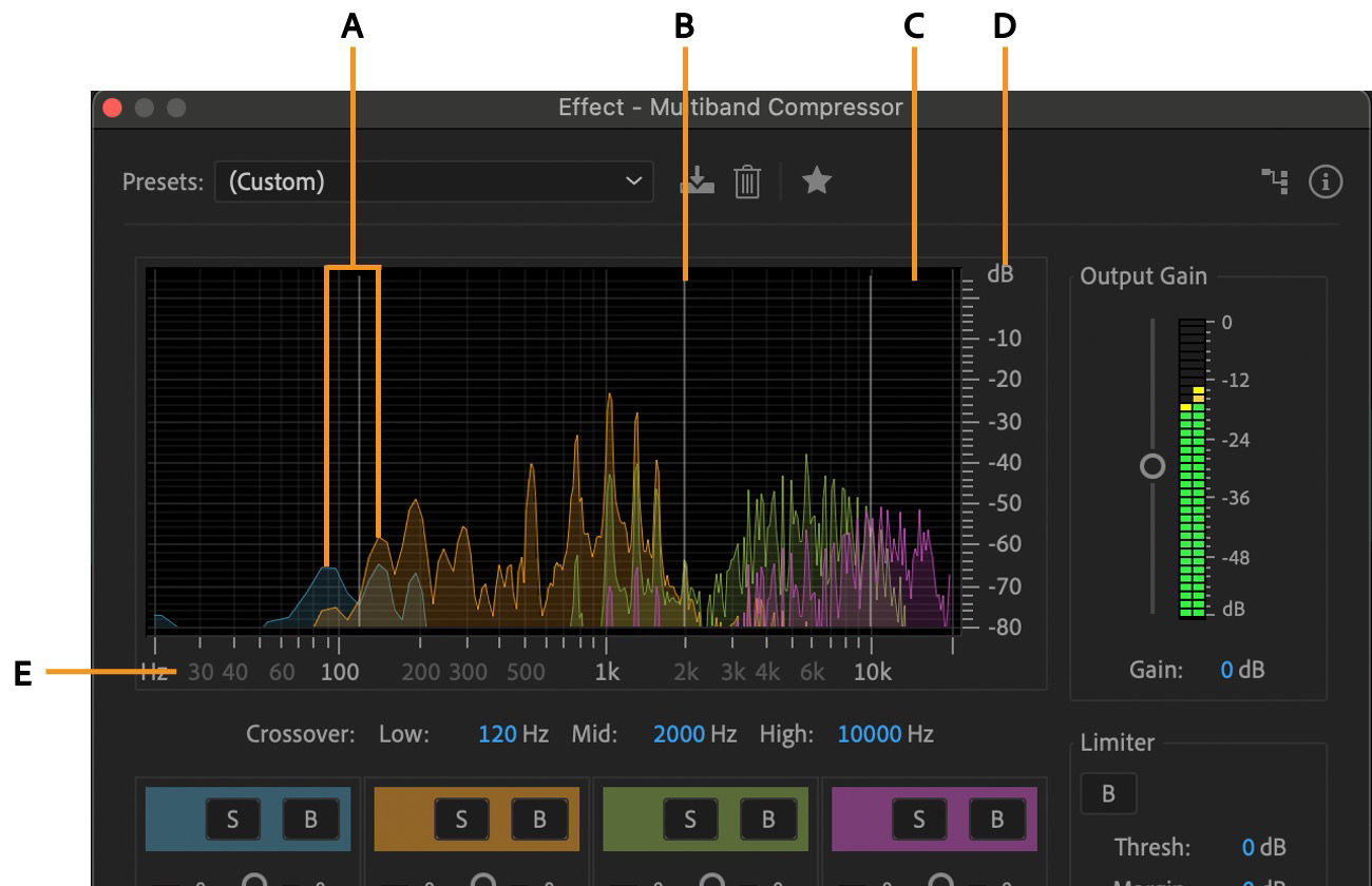 The Multiband Compressor effect dialog box is open and four different frequency bands to precisely define crossover frequencies and apply band‑specific compression settings.