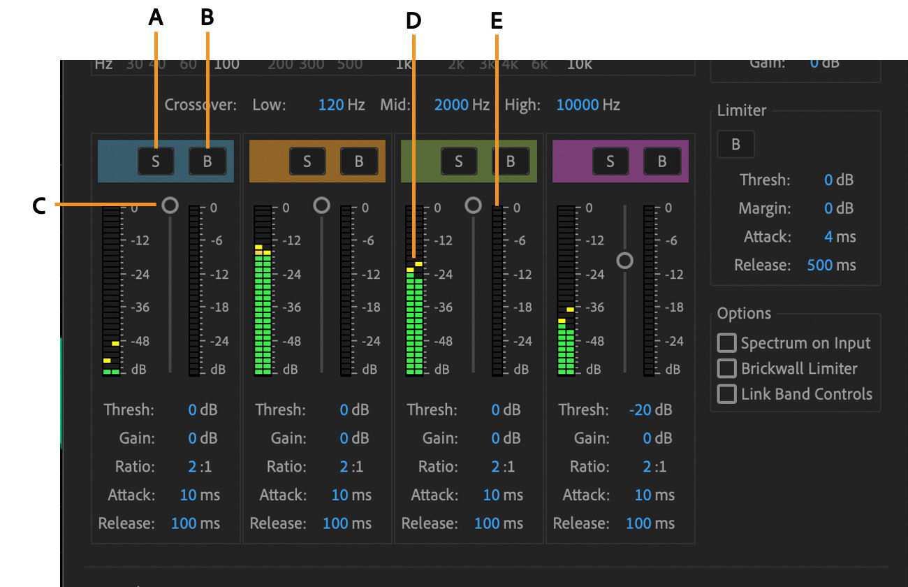 The Multiband Compressor effect dialog box is open, and band‑specific controls are open to adjust.
