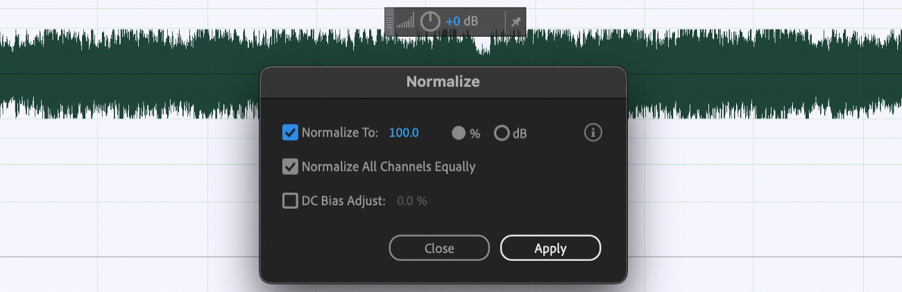 The Normalize effect dialog box is open and there are Normalize To, Normalize All Channels Equally, and DC Bias Adjust options to adjust.