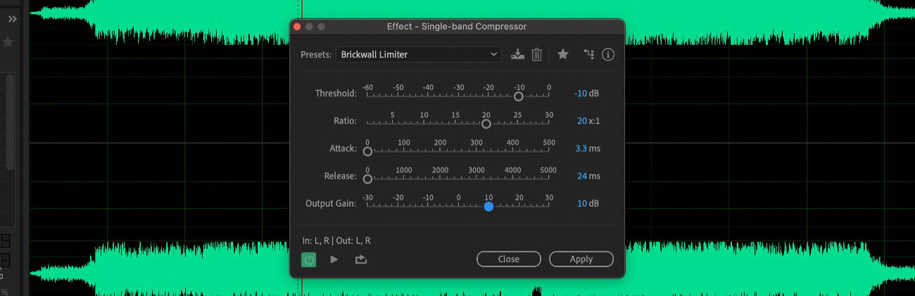The Single-band Compressor effect dialog box is open and there are options such as Threshold, Ratio, and Attack to adjust.