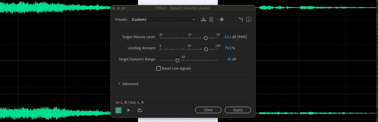 The Speech Volume Leveler effect is open, and the Target Volume Level and Leveling Amount sliders are adjusted more towards the left.