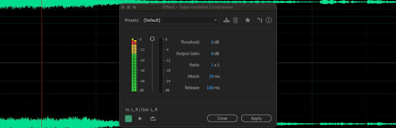The Tube-modeled Compressor effect is open, and options such as Threshold and Ratio are available to adjust.
