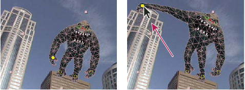 Mesh created by placing Deform pins (left), and result of dragging a Deform pin