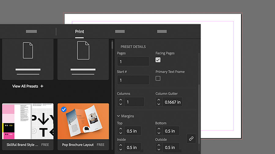 Using the New Document dialog box to set up a new document
