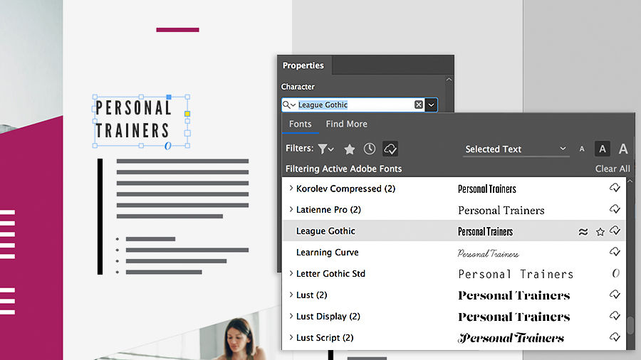 Selecting a headline font using the character section of the Properties panel