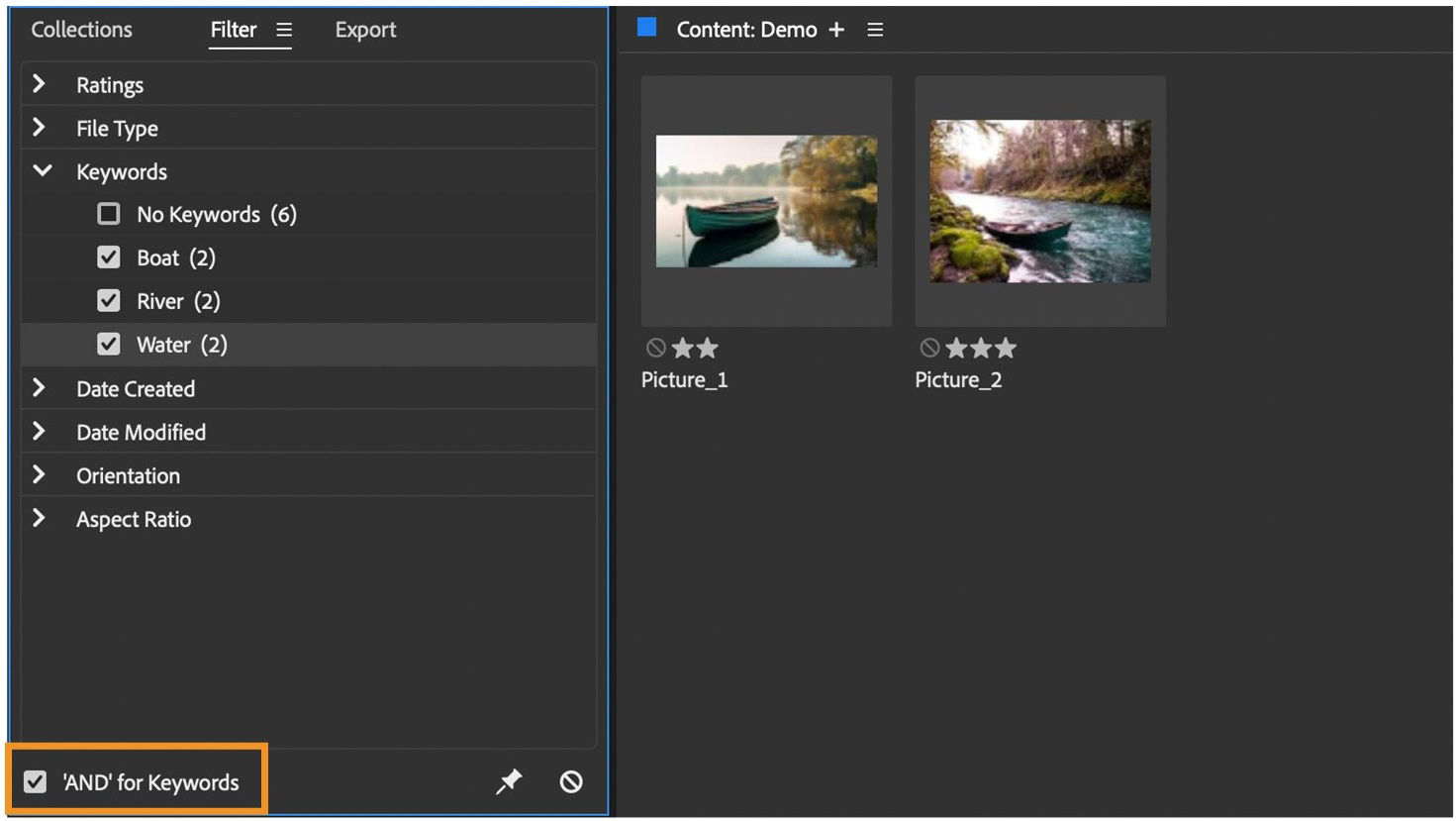 Keywords Filter panel is showcased on the Bridge Window and the Keywords panel is highlighted on the screen. User can select the AND for Keywords filter checkbox to select the files that contain multiple keywords using AND operation.