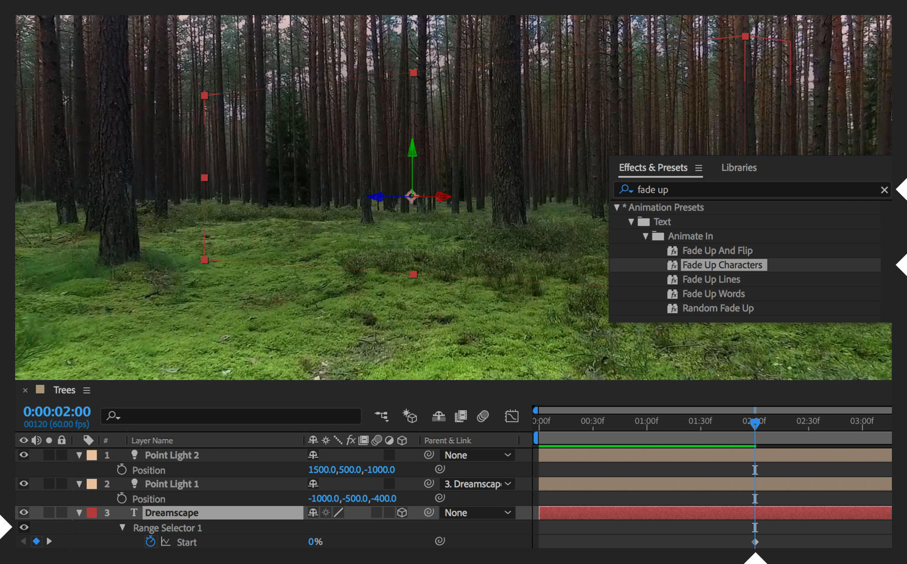 Fade Up Characters effect is added to the text layer in the timeline to gradually reveal the text.