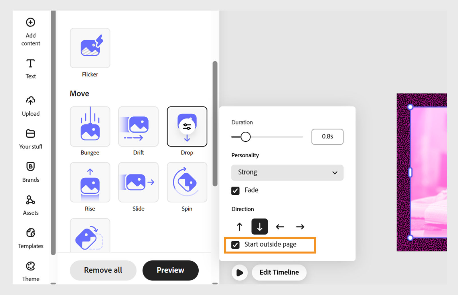 Checkbox labeled 'Start outside page' highlighted in the Move section, showing how to enable the animation to begin outside the page.