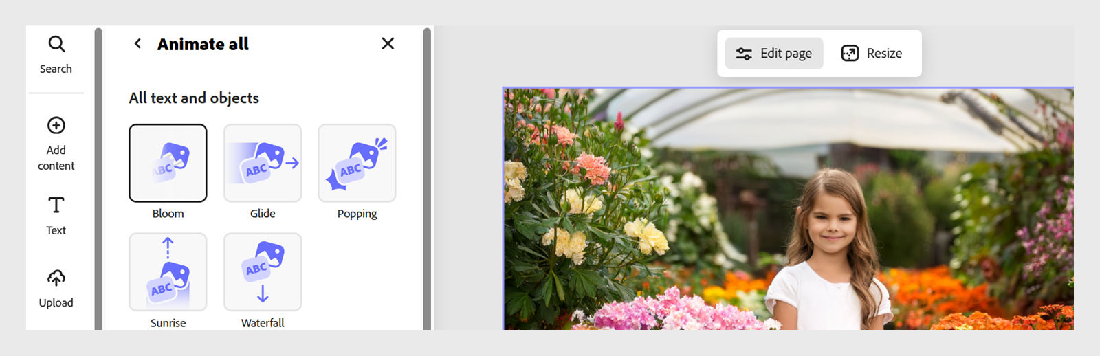 The image shows the Animate all panel on the left with the animation options like Bloom, Glide, Popping, Sunrise, and Waterfall. The right side shows the editor.  