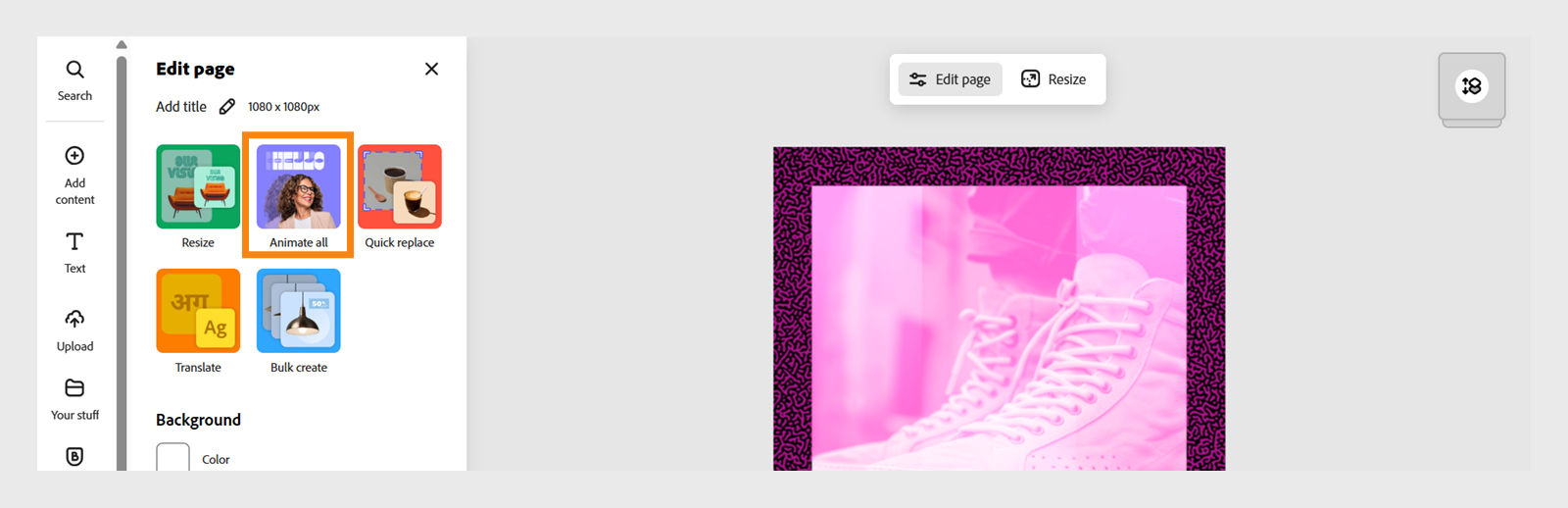 The image shows the design at the center, the Edit page option above the editor, and the Animate All option in the left panel.