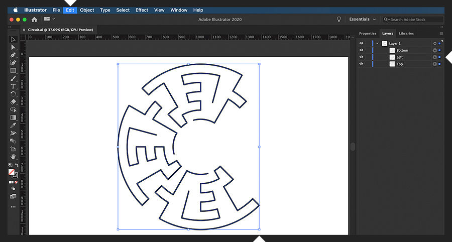 Adobe Illustrator shows a design with three layers (Top, Left, Bottom) selected in the artboard