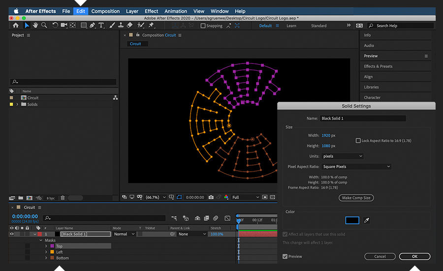 Adobe After Effects shows three layers from the Illustrator file pasted as masks on a solid layer in a composition