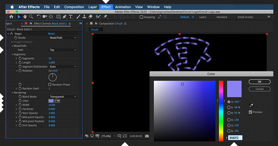 In Effect Controls panel, Vegas effect is applied to the solid layer and hex value 8A82F2 is entered in the Color picker