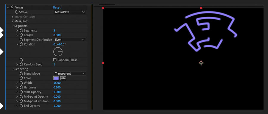 In Effect Controls panel, changes are made to Segments, Rotation, and End Opacity settings