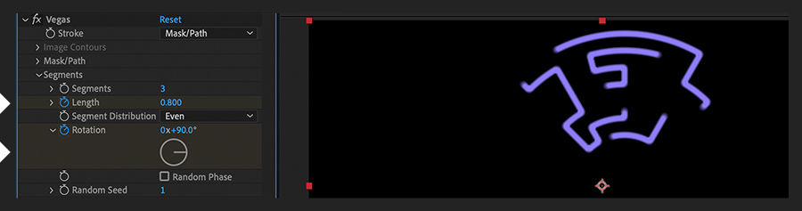 In Effect Controls panel, keyframes are added to Length and Rotation settings