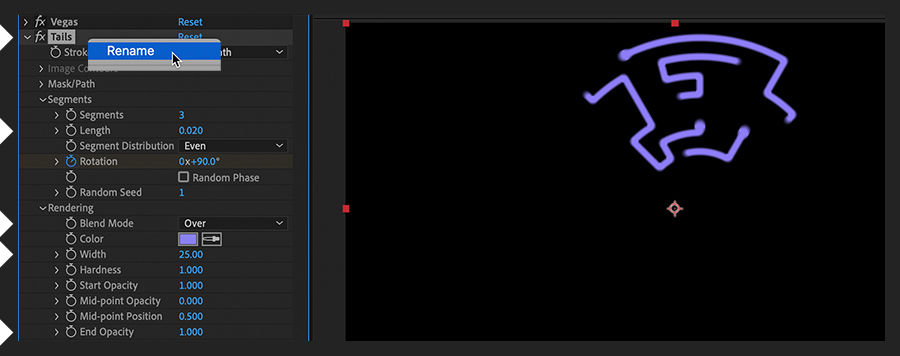In Effect Controls panel, Vegas effect is duplicated is renamed as Tails, with various settings changed in it