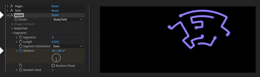 In Effect Controls panel, Tails instance is duplicated is renamed as Heads, with Rotation setting changed in it