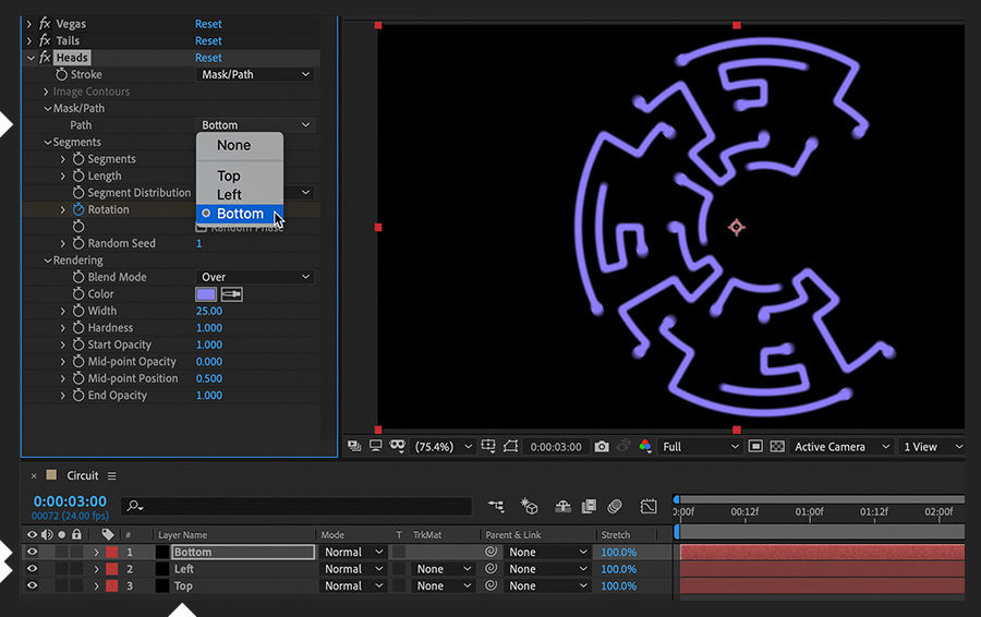 In Timeline panel, solid layer is duplicated twice and renamed; Vegas effects are adjusted in Effect Controls panel