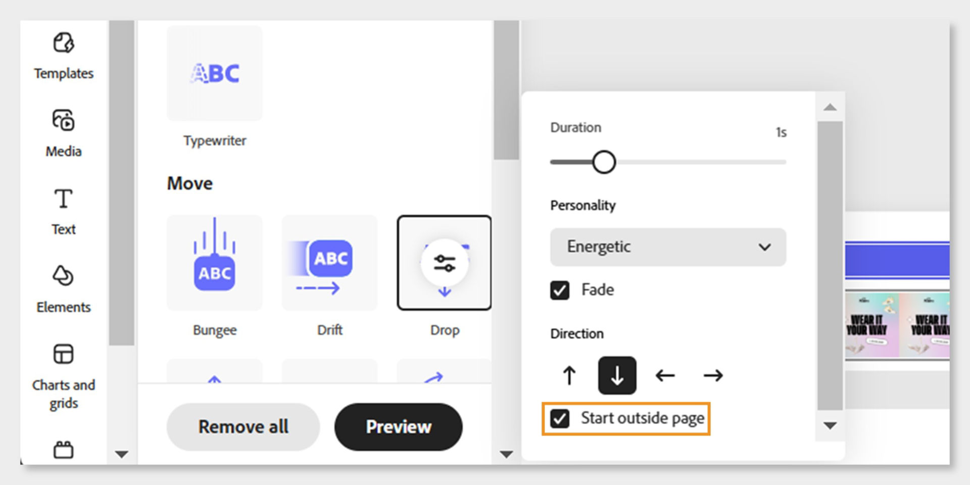 Checkbox labeled 'Start outside page' highlighted in the Move section, showing how to enable the animation to begin outside the page.