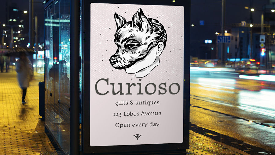Digital advertisement for Curioso Gifts & Antiques shows animation of boy with wolf mask.