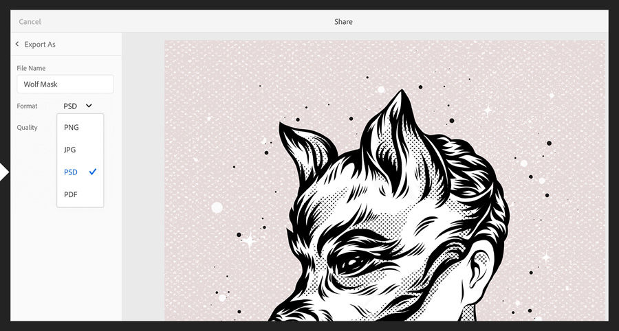 Boy with wolf mask is exported to PSD file format.