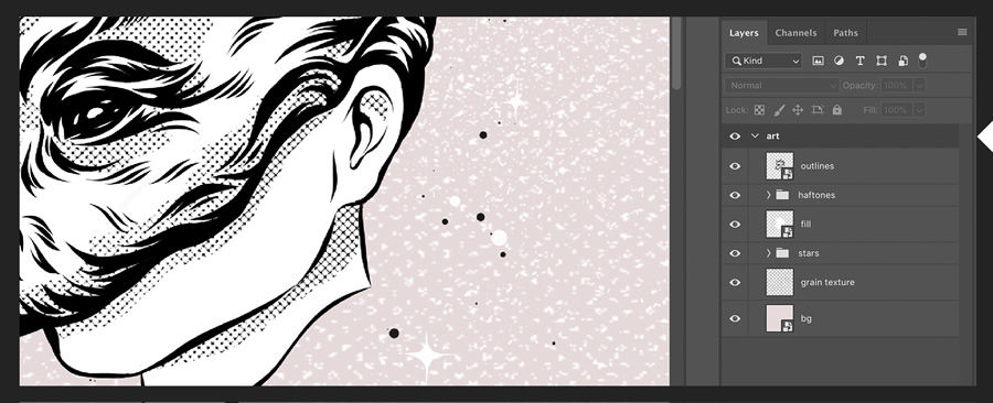 Composition of boy with wolf mask is opened in Adobe Photoshop and cropped. Layers are displayed and consolidated.