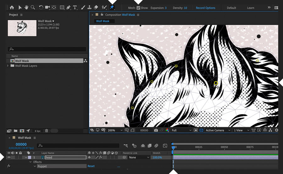 Boy with wolf mask is imported into After Effects. Puppet Position Pin tool with mesh is used to pin areas not to move