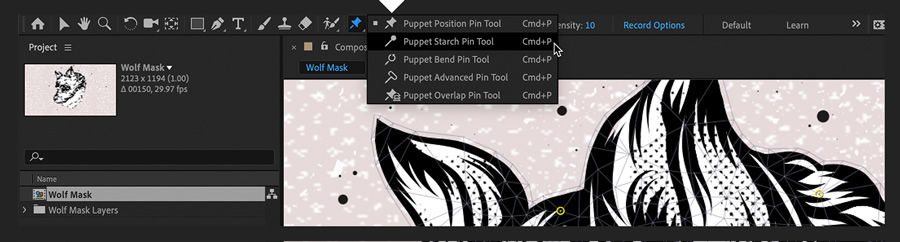 Puppet Pin tools are used to add rigidity, scale and rotate, and move points.  