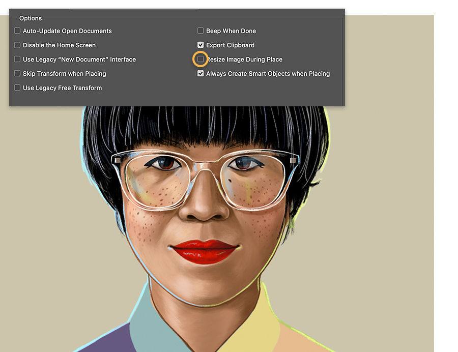 Illustrated headshot shows Adobe Photoshop general preferences panel with the Resize Image During Place checkbox unchecked 