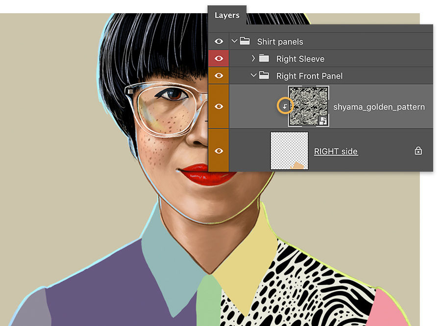 Adobe Photoshop Layers panel sits over headshot, shows the pattern layer is indented slightly, down arrow shows clipping mask 